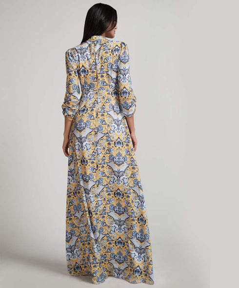 Sleeve Detailed Printed Maxi Dress With A Collar